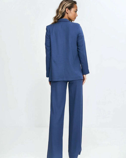 Blue Linen Rayon Blazer For Women No Fastener Regular Fit