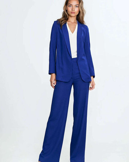 Blue Linen Rayon Blazer For Women No Fastener Regular Fit