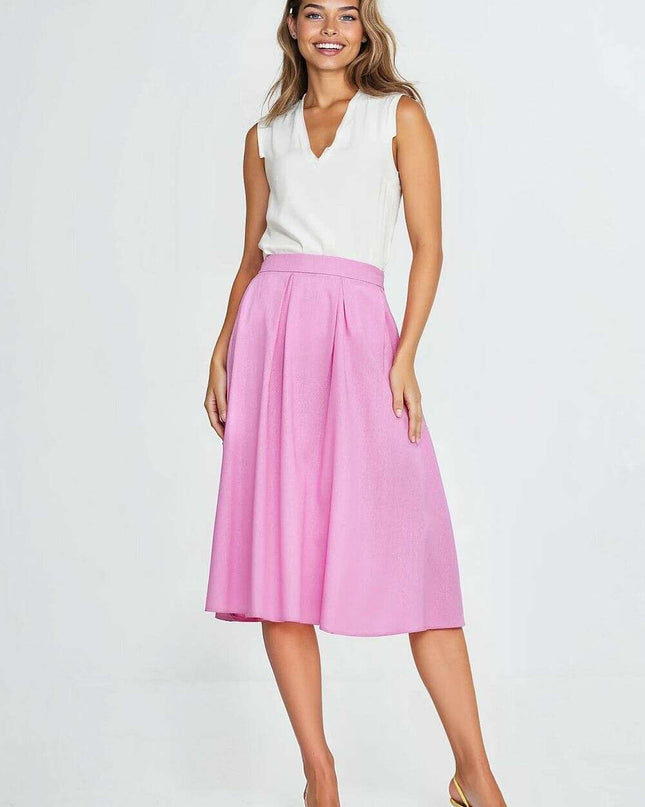 Pink Linen Rayon Blend Midi Skirt With Pleats Regular Cut