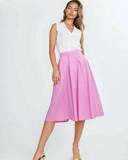 Pink Linen Rayon Blend Midi Skirt With Pleats Regular Cut