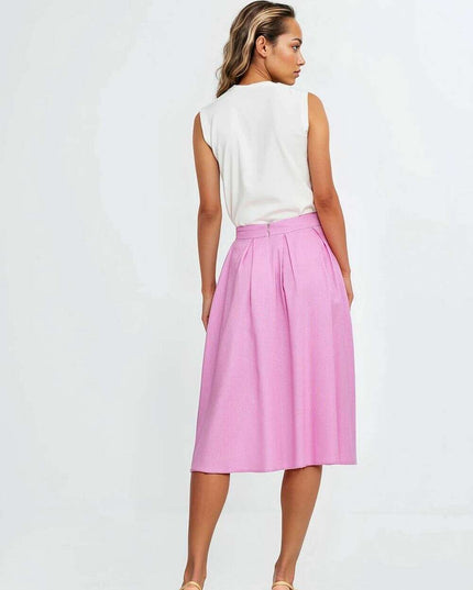 Pink Linen Rayon Blend Midi Skirt With Pleats Regular Cut