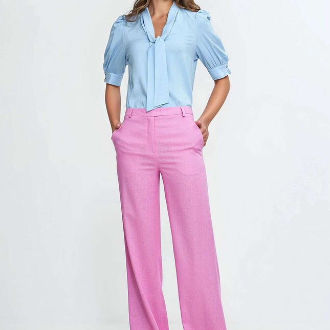Pink High Waist Linen Blend Trousers For Women 211797