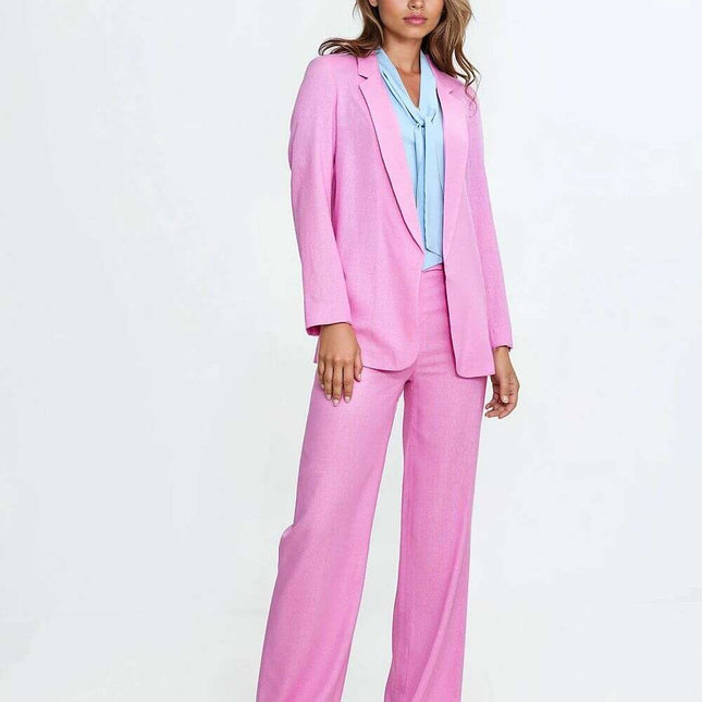 Pink High Waist Linen Blend Trousers For Women 211797