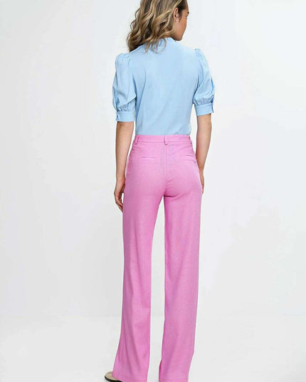 Pink High Waist Linen Blend Trousers For Women 211797