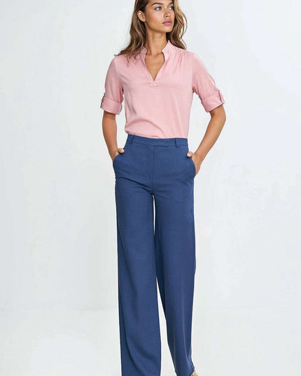 Pink High Waist Linen Blend Trousers For Women 211797