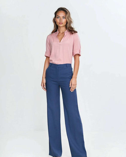 Pink High Waist Linen Blend Trousers For Women 211797