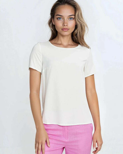 Beige Viscose Blouse For Women Boat Neck Short Sleeves