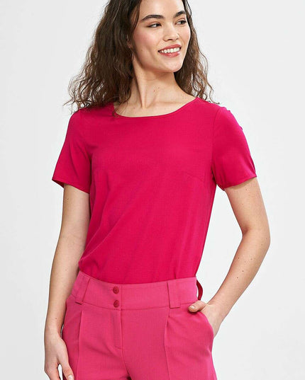 Beige Viscose Blouse For Women Boat Neck Short Sleeves