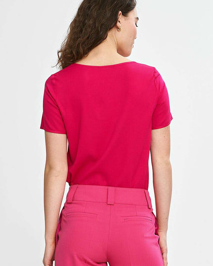 Beige Viscose Blouse For Women Boat Neck Short Sleeves