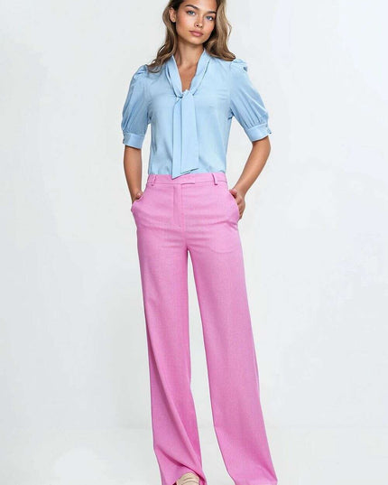 Pink V Neck Blouse With Tie Front And Puff Sleeves Chic