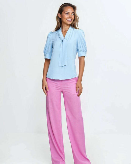 Pink V Neck Blouse With Tie Front And Puff Sleeves Chic