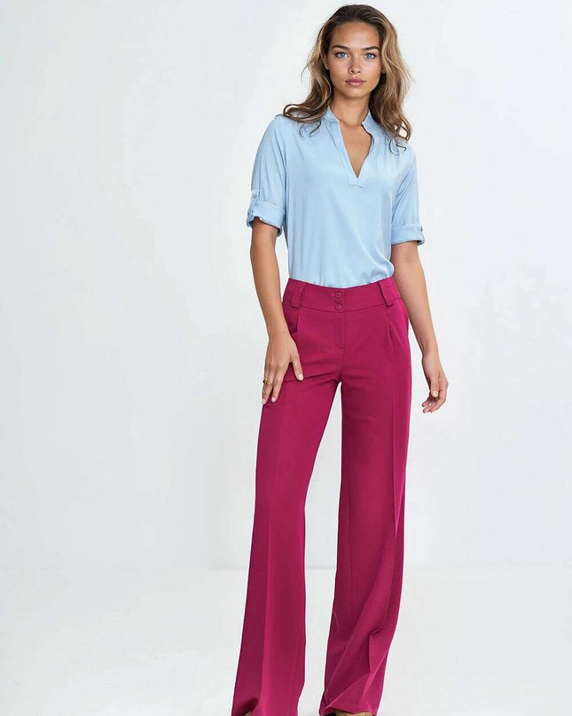 Blue V Neck Pleated Viscose Blouse For Women Lightweight