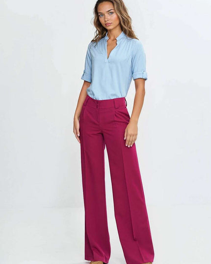 Blue V Neck Pleated Viscose Blouse For Women Lightweight