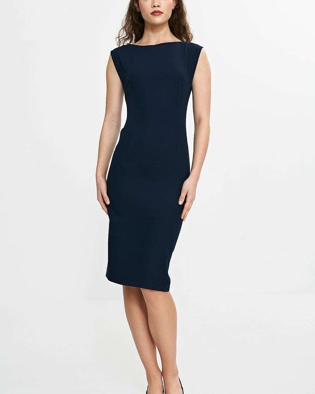 Navy Daydress With Fitted Silhouette Knee Length Back V Neck