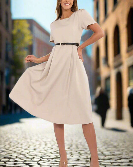 Flared Midi Dress Classic Feminine Stretch Belted Elegance