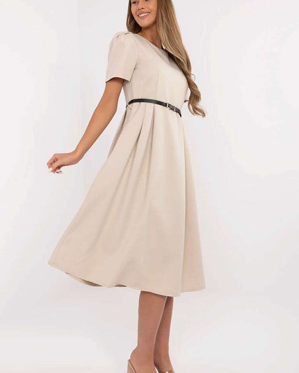Flared Midi Dress Classic Feminine Stretch Belted Elegance