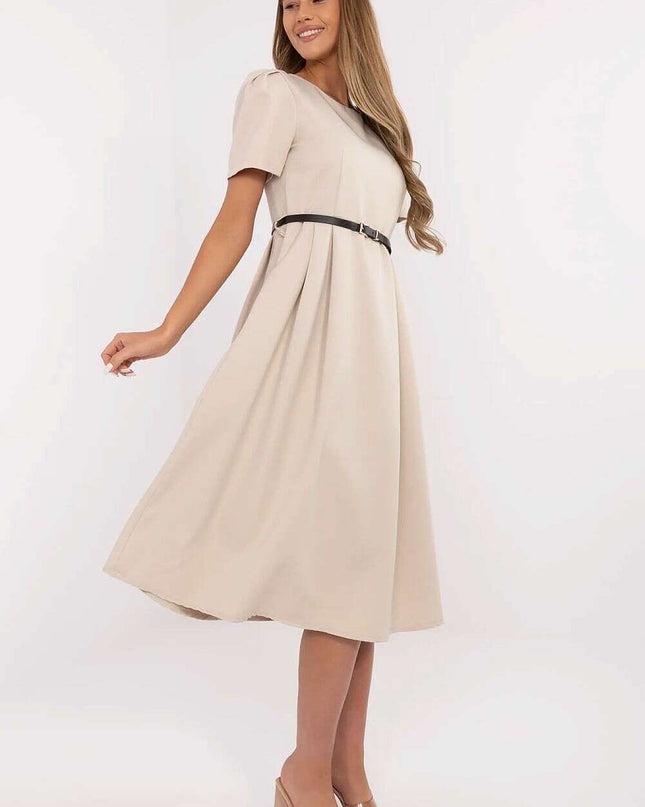Flared Midi Dress Classic Feminine Stretch Belted Elegance
