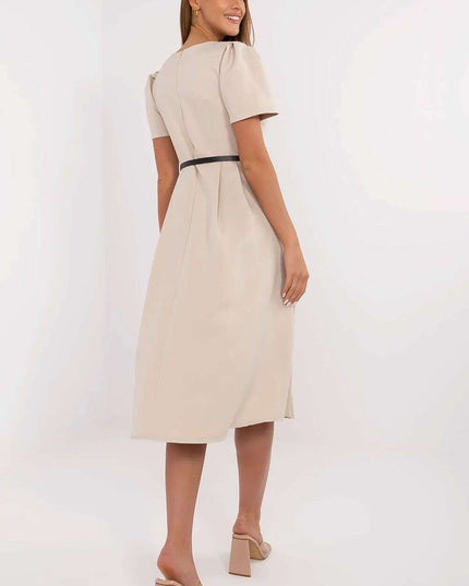 Flared Midi Dress Classic Feminine Stretch Belted Elegance