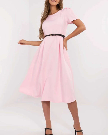 Flared Midi Dress Classic Feminine Stretch Belted Elegance