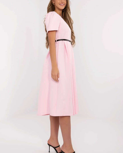 Flared Midi Dress Classic Feminine Stretch Belted Elegance