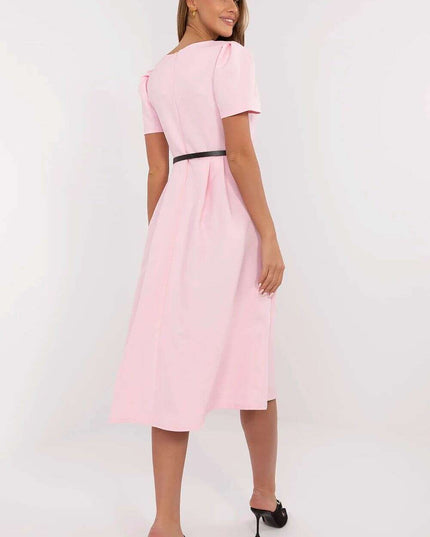 Flared Midi Dress Classic Feminine Stretch Belted Elegance