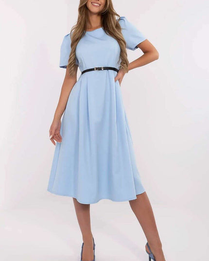 Flared Midi Dress Classic Feminine Stretch Belted Elegance