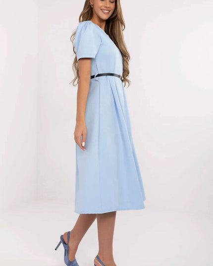 Flared Midi Dress Classic Feminine Stretch Belted Elegance