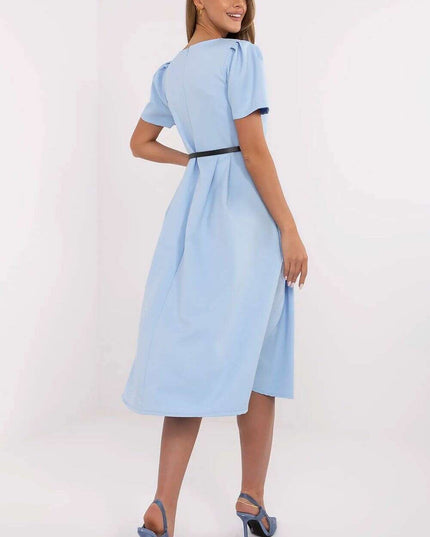 Flared Midi Dress Classic Feminine Stretch Belted Elegance