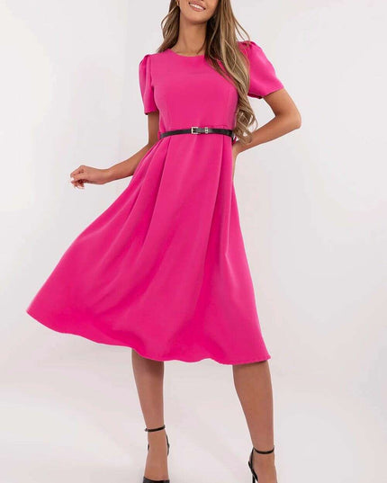 Flared Midi Dress Classic Feminine Stretch Belted Elegance