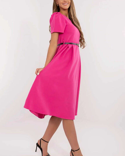 Flared Midi Dress Classic Feminine Stretch Belted Elegance