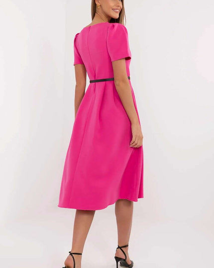 Flared Midi Dress Classic Feminine Stretch Belted Elegance