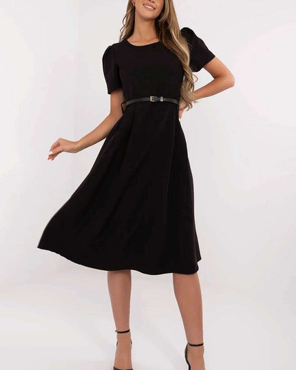 Flared Midi Dress Classic Feminine Stretch Belted Elegance
