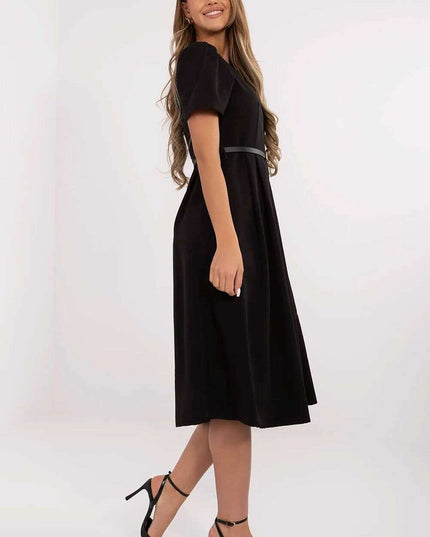 Flared Midi Dress Classic Feminine Stretch Belted Elegance