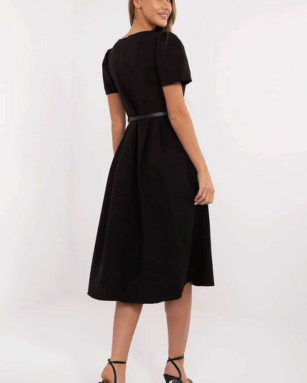 Flared Midi Dress Classic Feminine Stretch Belted Elegance