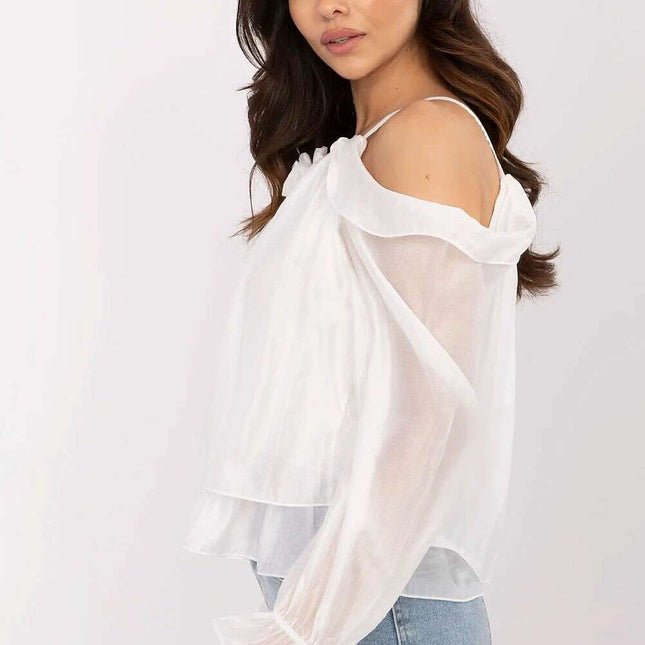 Off Shoulder Ruffle Blouse With Elegant Romantic Brooch