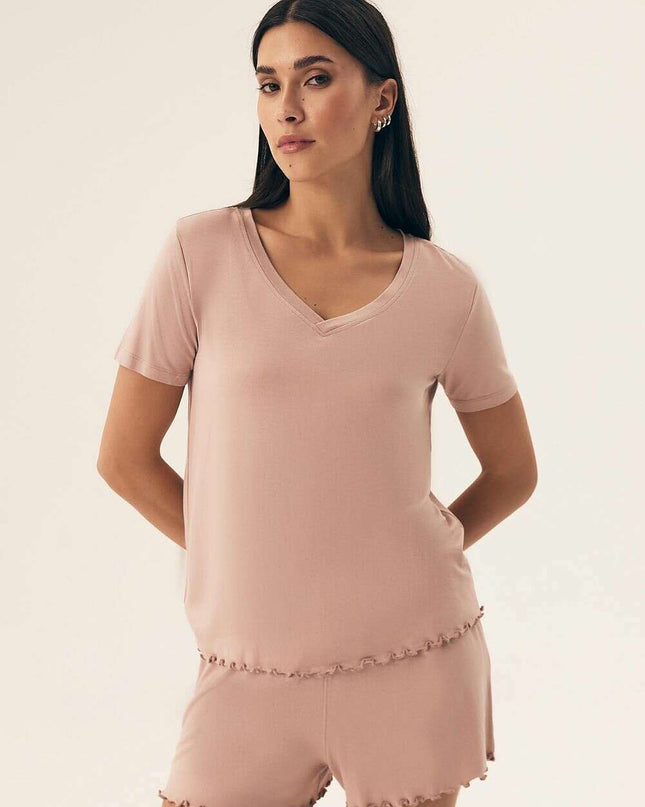 Women’s Viscose Pajama Set – Lace Trim, Short Sleeve Top & Shorts