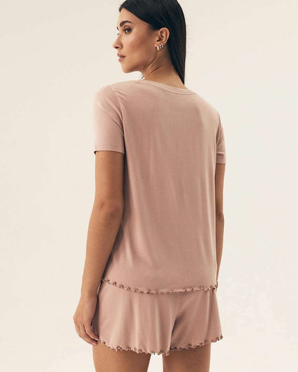 Women’s Viscose Pajama Set – Lace Trim, Short Sleeve Top & Shorts