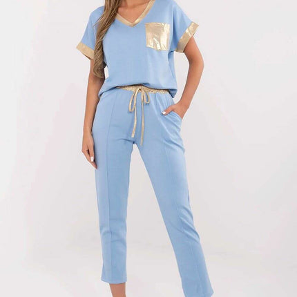 Elegant Beige Set With V Neck Blouse And High Waist Pants