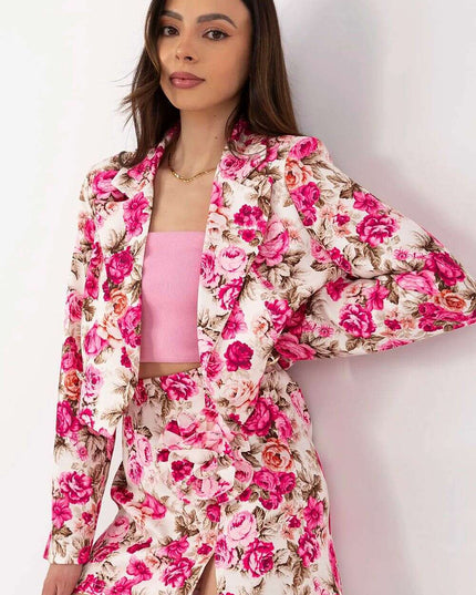 Pink Floral Pattern Skirt Shorts Set With Cropped Blazer
