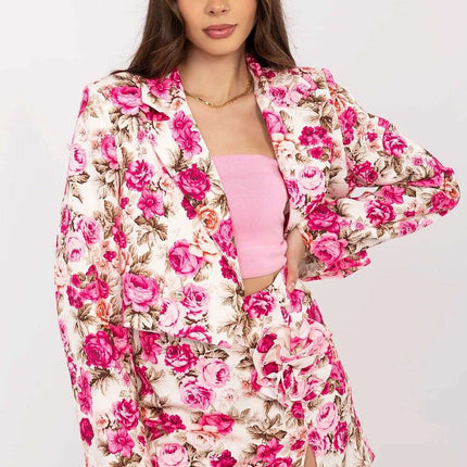 Pink Floral Pattern Skirt Shorts Set With Cropped Blazer