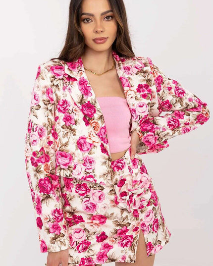 Pink Floral Pattern Skirt Shorts Set With Cropped Blazer