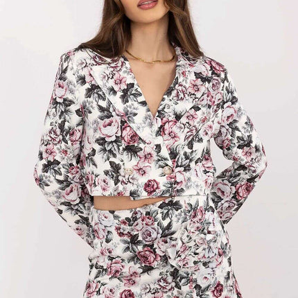 Pink Floral Pattern Skirt Shorts Set With Cropped Blazer
