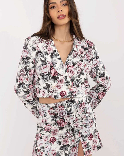 Pink Floral Pattern Skirt Shorts Set With Cropped Blazer