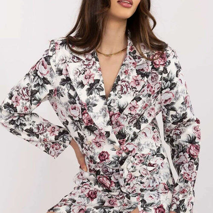 Pink Floral Pattern Skirt Shorts Set With Cropped Blazer