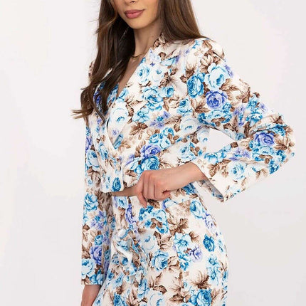 Pink Floral Pattern Skirt Shorts Set With Cropped Blazer