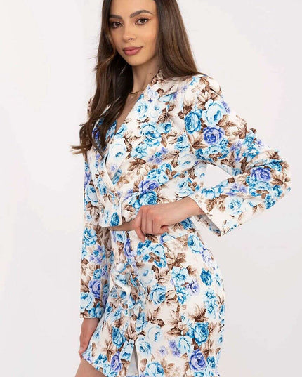 Pink Floral Pattern Skirt Shorts Set With Cropped Blazer