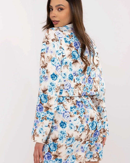 Pink Floral Pattern Skirt Shorts Set With Cropped Blazer