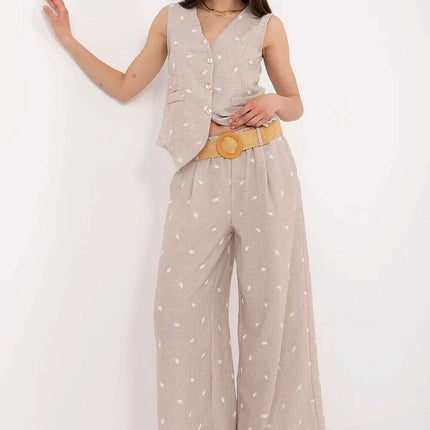 Beige Set With Sleeveless Vest And Wide Leg Trousers