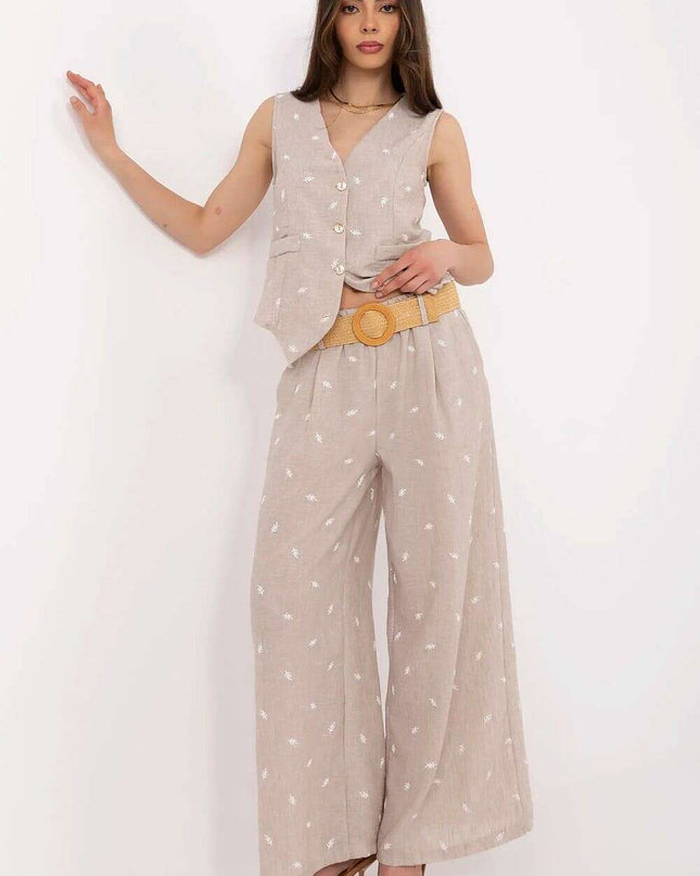 Beige Set With Sleeveless Vest And Wide Leg Trousers