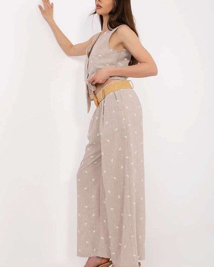 Beige Set With Sleeveless Vest And Wide Leg Trousers